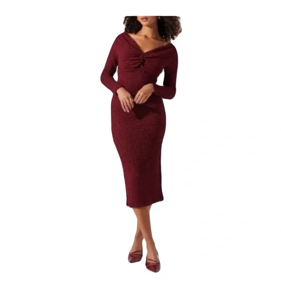 ASTR the Label Textured Knot Front Off the Shoulder Long Sleeve Dress in Wine at Nordstrom, Size Medium